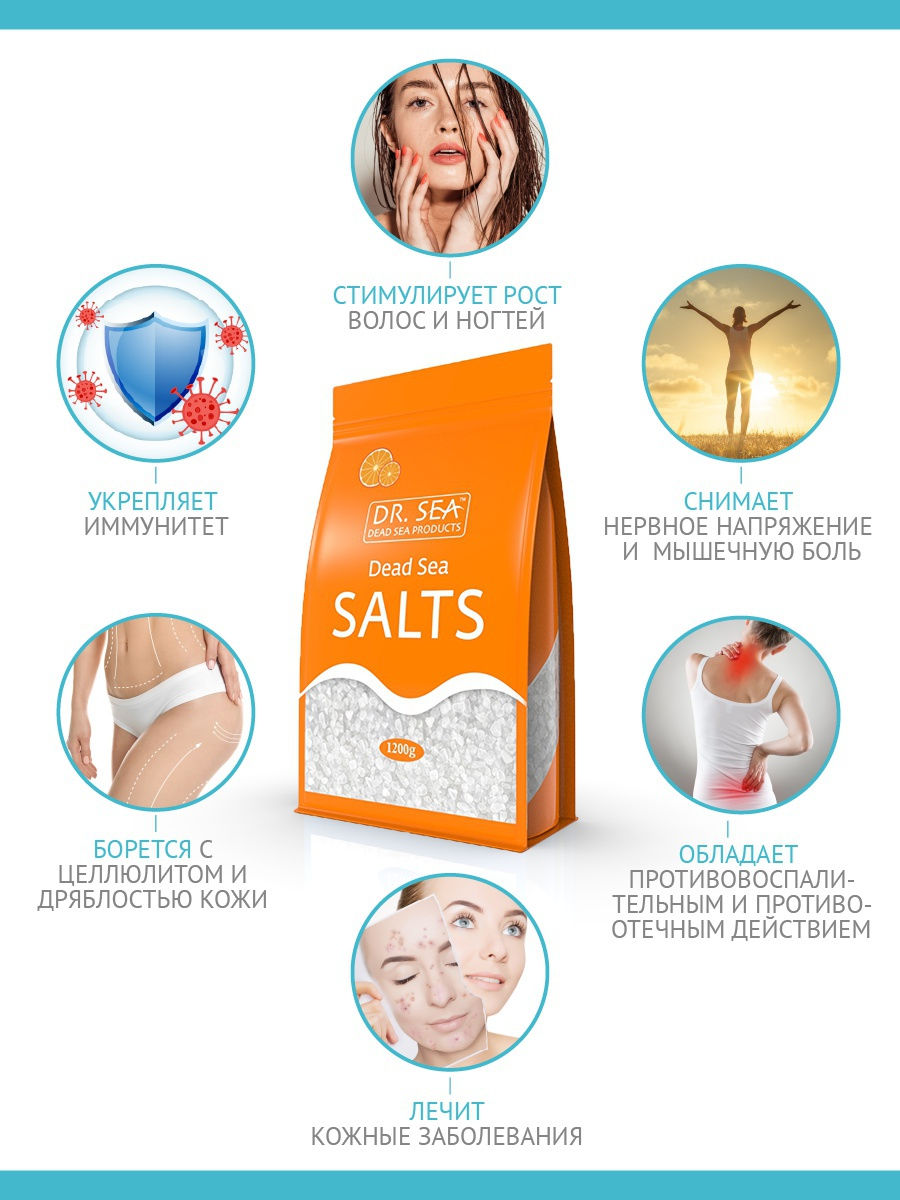 Натуральная Соль Мертвого моря с экстрактом апельсина, для упругости кожи, 1200гр
