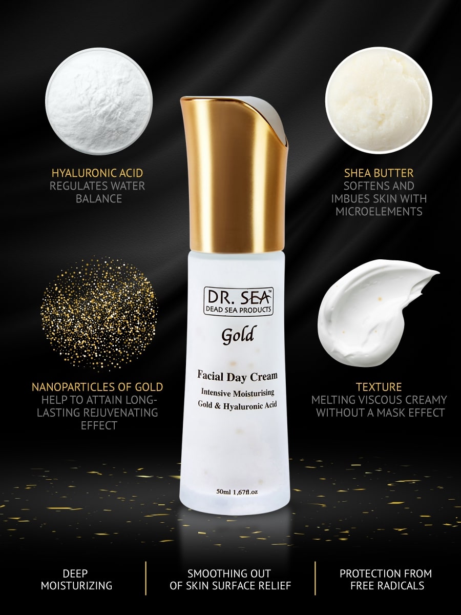 Intensive moisturizing facial day cream with gold and hyaluronic acid